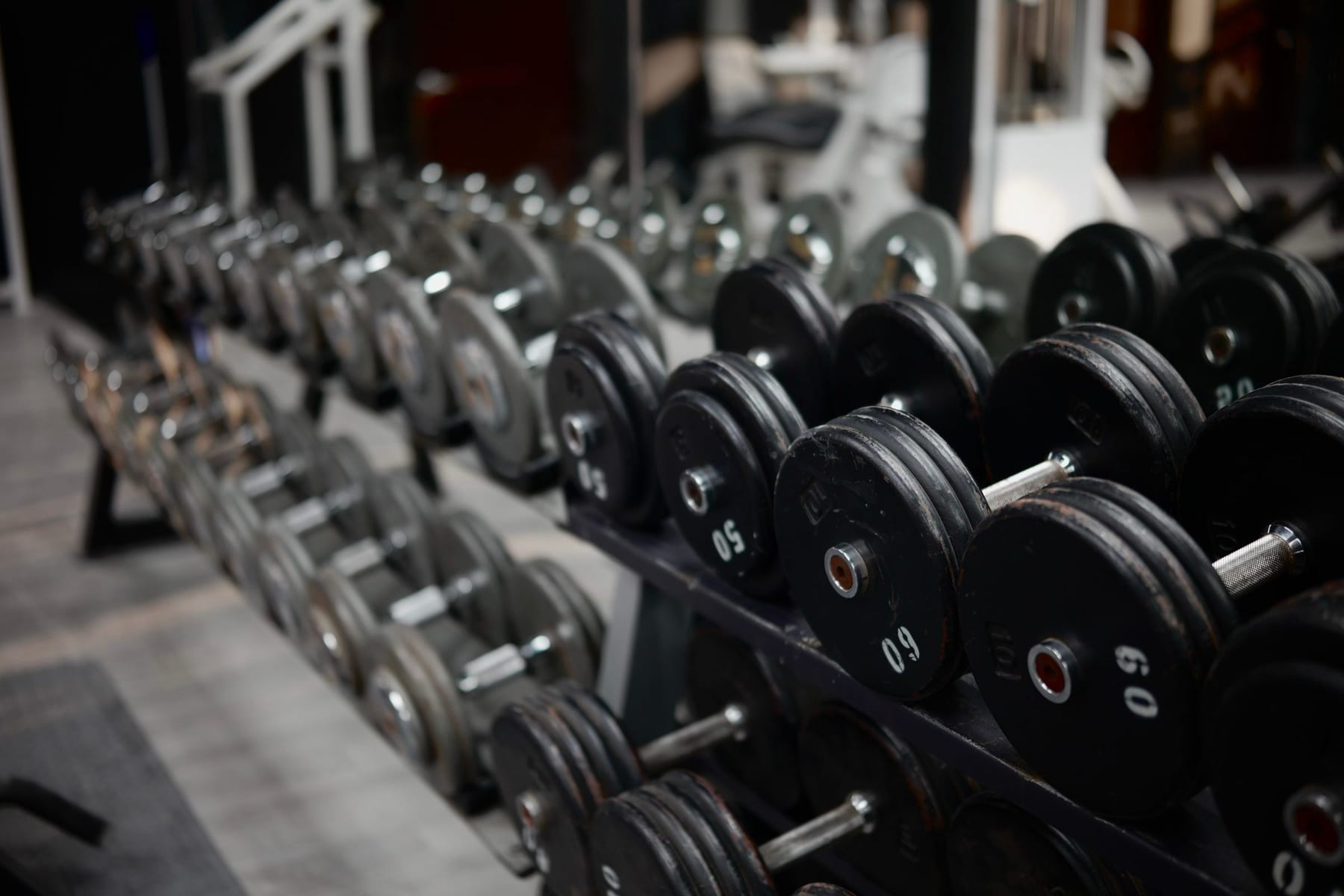 A long rack of heavy rubber dumbbells